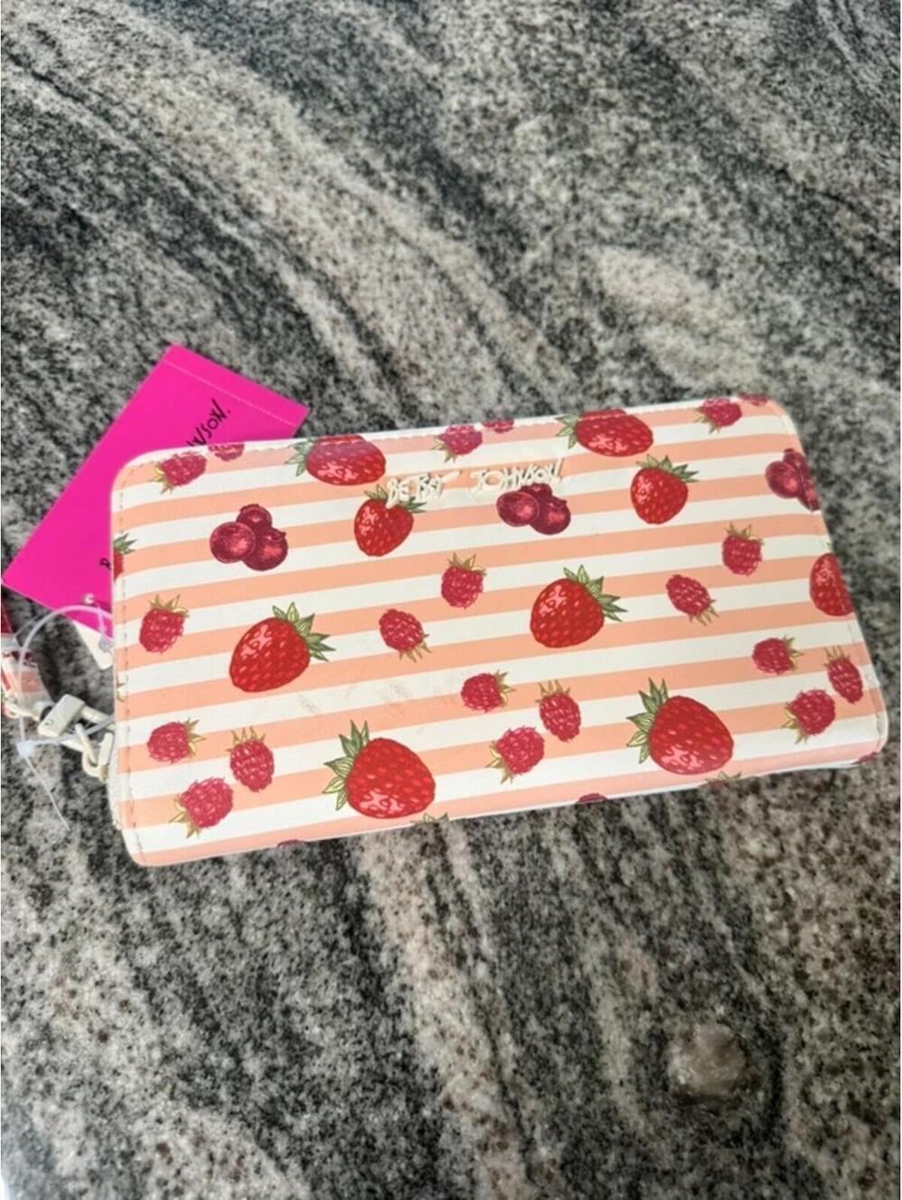 Betsey Johnson Strawberry Berry Zip Wallet Pink Stripe NWT